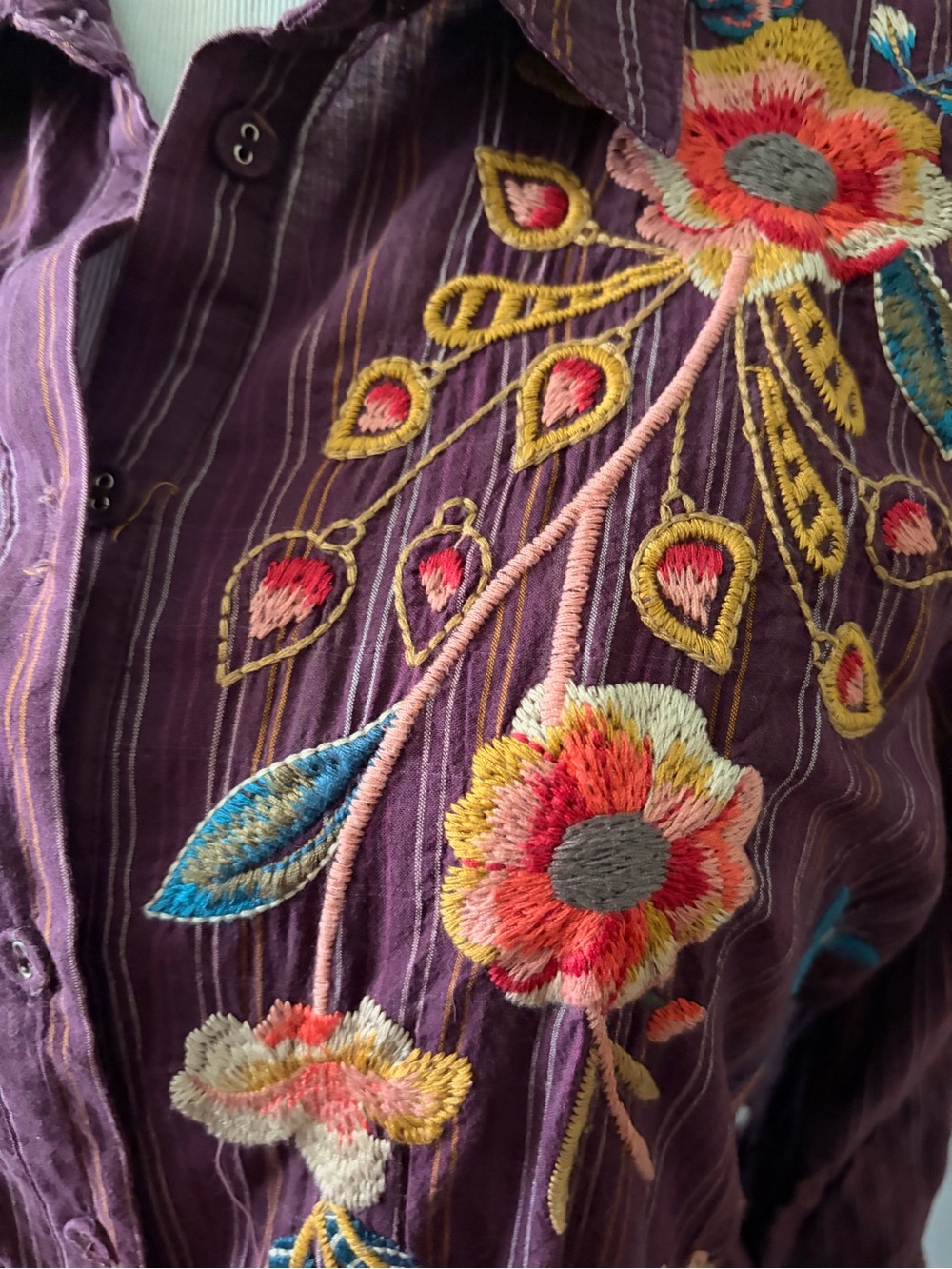Johnny Was Embroidered Plum Long-Sleeve Button-Front Dress - Picture 2 of 6